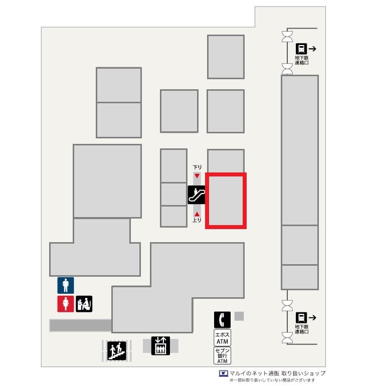 B1階 カレンダリウムF05【食物販】エスカレーター横、冷蔵ケース、冷蔵ストッカー完備スペースの図面・フロアマップ