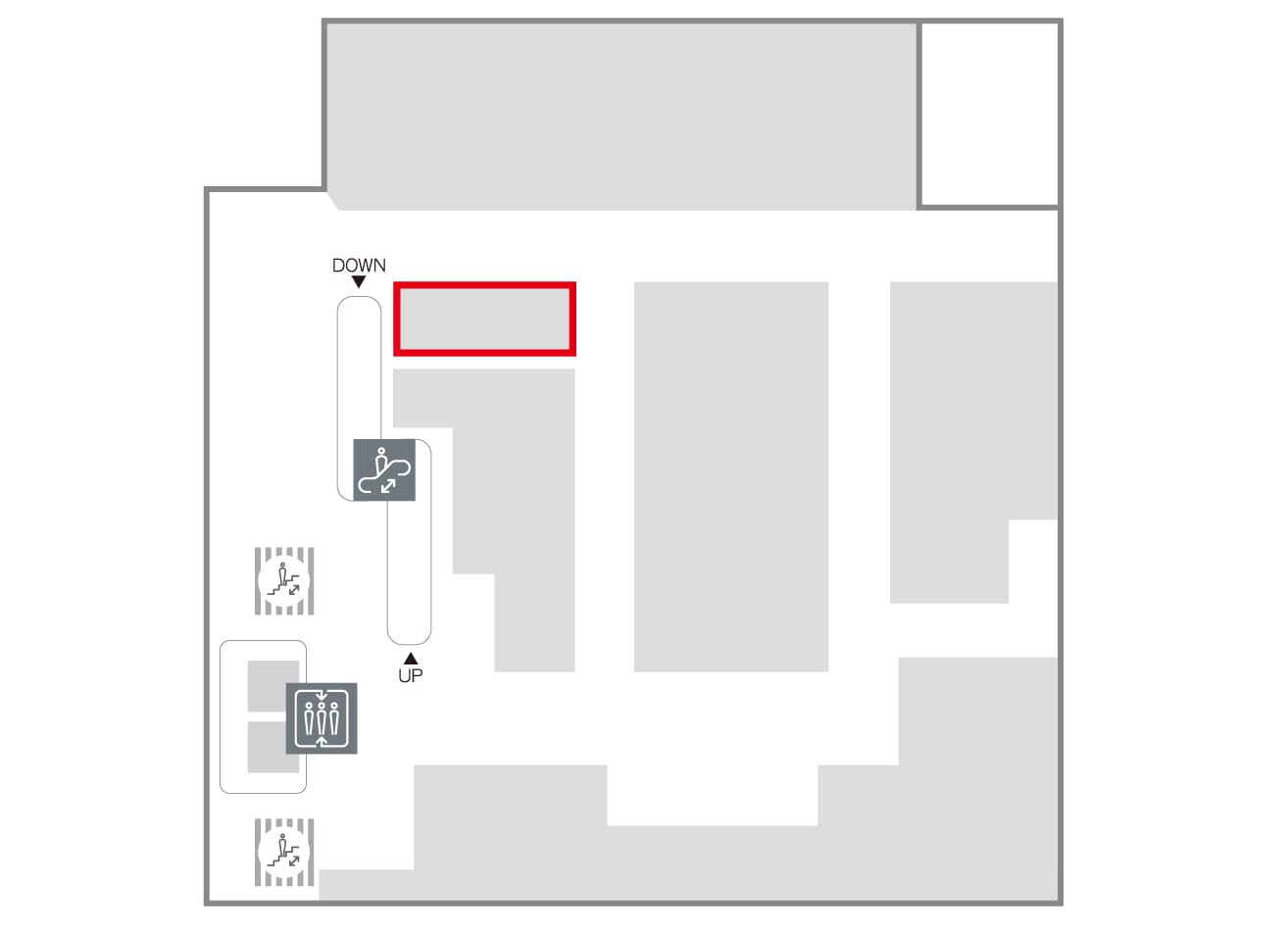 B1階 カレンダリウムF06【食物販・調理行為可能】下りエスカレーター横の好立地。什器完備。共同厨房で調理可能なので、揚げ物やお惣菜、お弁当などのポップアップに最適なスペースです。の図面・フロアマップ