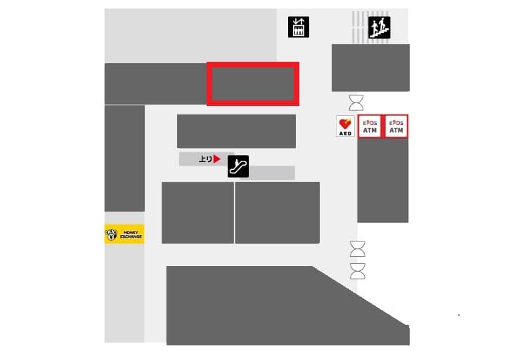 1階 カレンダリウムD07【物販】店内入ってすぐ、木目調の商品陳列棚や移動可能な什器完備の図面・フロアマップ