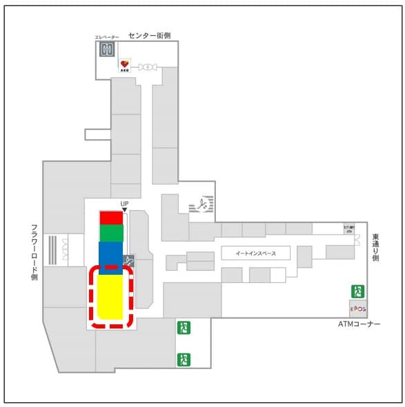 1階カレンダリウムD07【物販・PR】エスカレーター横の好立地。専用什器やデジタルサイネージを完備。物販、体験ワークショップ、プロモーションなどに最適なスペースです。※最低利用日数7日間の図面・フロアマップ