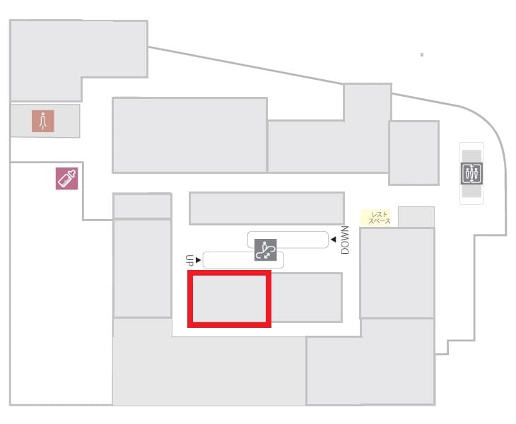 2階 カレンダリウムD02【食物販・物販】上りエスカレーター横、天井も高く開放感あり、什器完備の図面・フロアマップ