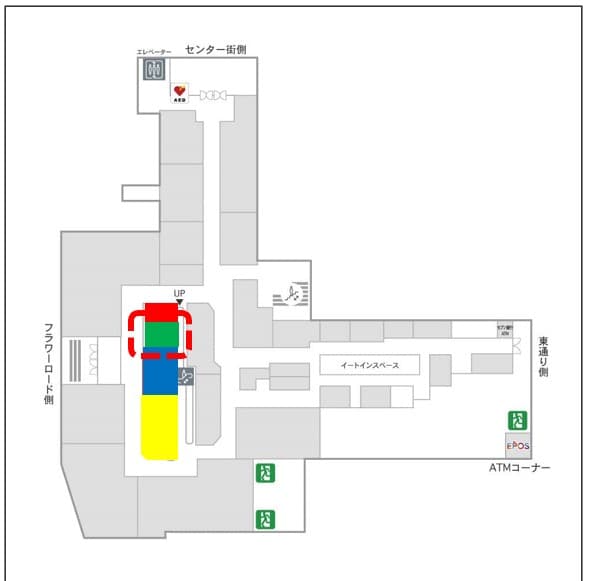 1階カレンダリウムD05【物販・PR】店内入って直ぐの好立地。『フラワーロード』からの視認性抜群。専用什器やデジタルサイネージを完備。物販、プロモーションなどに最適なスペースです。※最低利用日数7日間の図面・フロアマップ