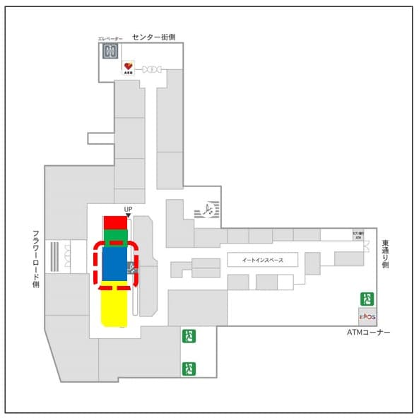 1階カレンダリウムD06【物販・PR】店内入って直ぐの好立地。『フラワーロード』からの視認性抜群。専用什器やデジタルサイネージを完備。物販、プロモーションなどに最適なスペースです。※最低利用日数7日間の図面・フロアマップ