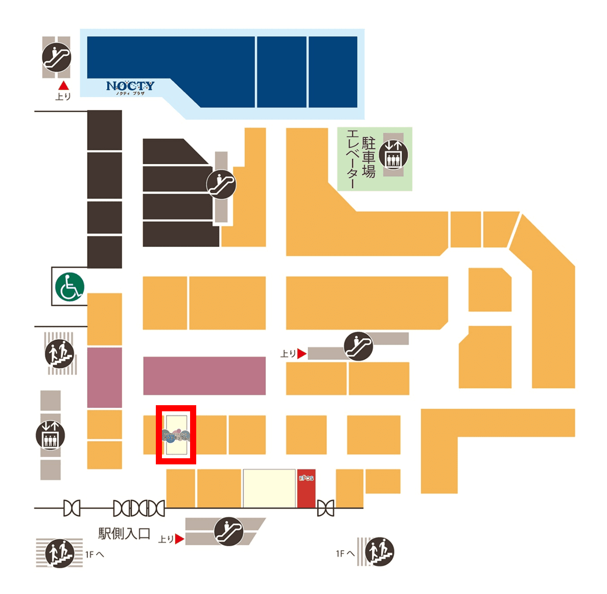 B1階カレンダリウムF03【食物販】食品売場レジ正面、共同厨房あり総菜や弁当販売に最適の図面・フロアマップ
