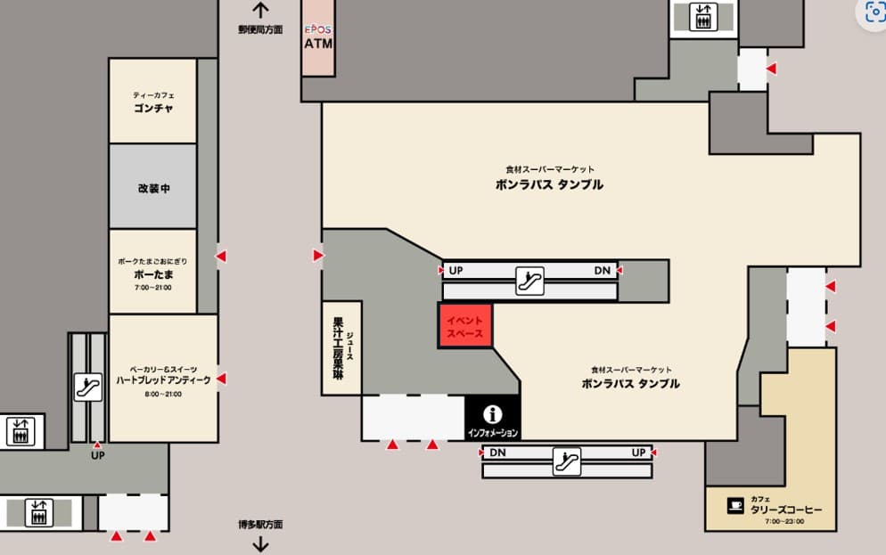 1階 カレンダリウムF04【食物販・調理行為可能】エスカレーター横、簡易調理ができ什器も完備の図面・フロアマップ