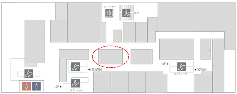 3階 カレンダリウムD08【食物販・物販】エスカレーター正面、備え付什器・ストックありのスペースの図面・フロアマップ