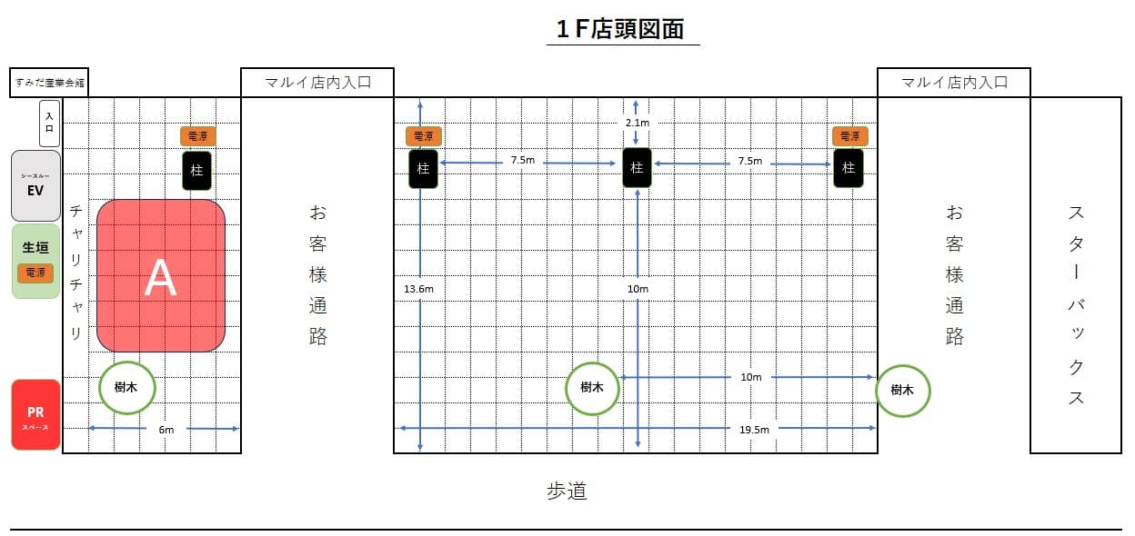 1階 店頭 広告・ステージA【物販・食物販・PR】国道14号面した人通りの多い屋外スペースの図面・フロアマップ