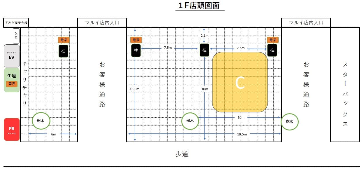 1階 店頭 広告・ステージC【物販・食物販・PR】国道14号面した人通りの多い屋外スペースの図面・フロアマップ