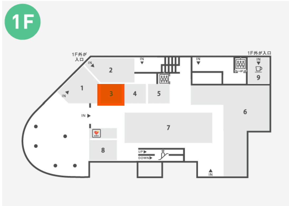 1階 カレンダリウムD01【物販・PRイベント】入口すぐ、視認性がよく人通りの多い好立地スペースの図面・フロアマップ